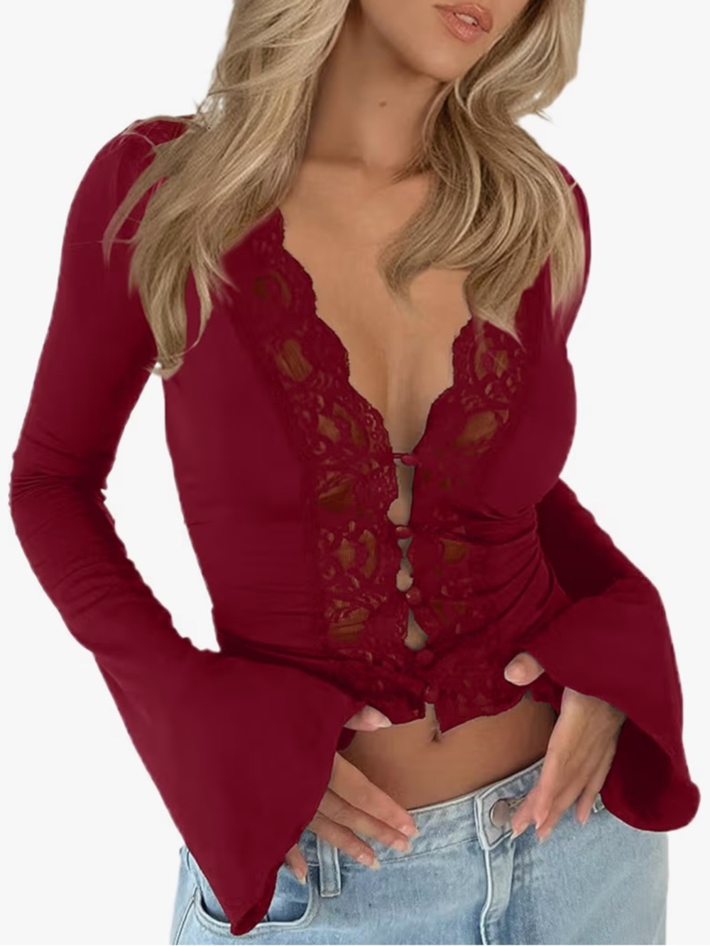 Women’s Lace-Trim Deep V Bell Sleeve Top - Burgundy